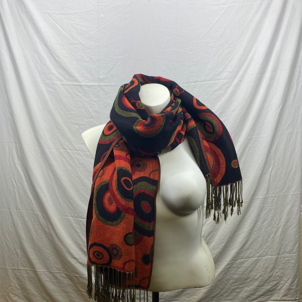 Pashmina Scarf Shawl Wrap Orange Red Black Geometric Circle Abstract Fringe